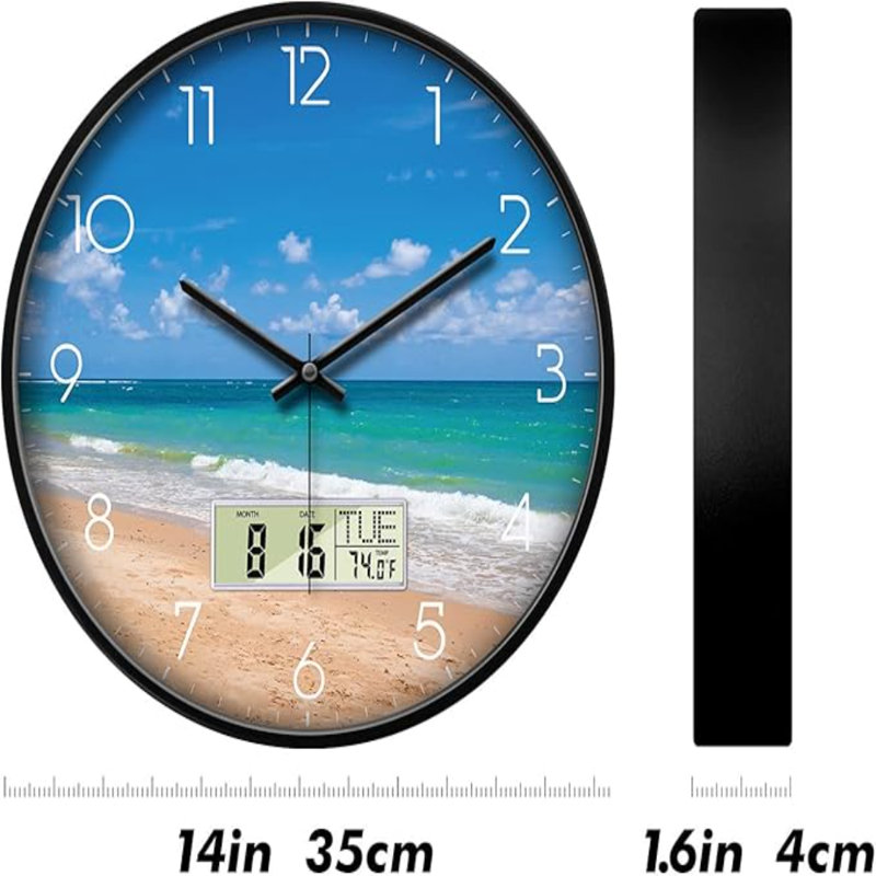 Horloge murale moderne avec calendrier et date Ocean Wave Sea Beach Horloge numérique Grand affichage Non-Ticking Kitchen