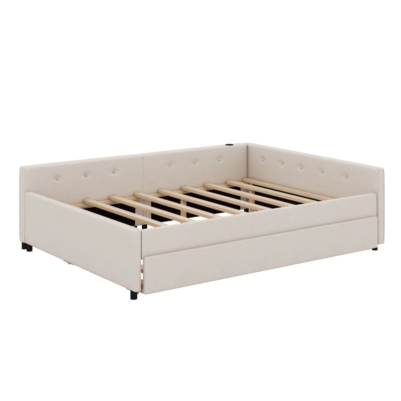 Upholstered Platform Bed With Trundle And USB, Full