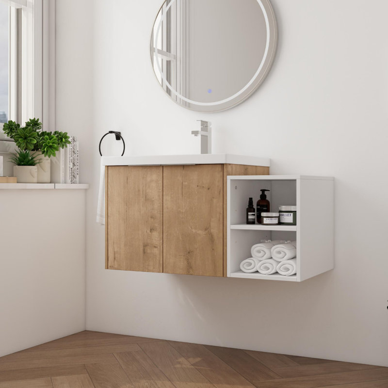 Meuble-lavabo mural simple 36 po avec plateau en résine Mohbeen, meuble-lavabo flottant avec 2 portes et tablette réglable