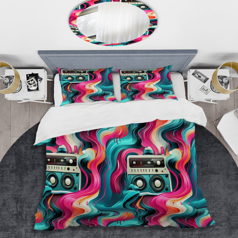 Ensemble de housse de couette Popart Retro Radio Waves, Housse de couette simple + 1 taie décorative stan