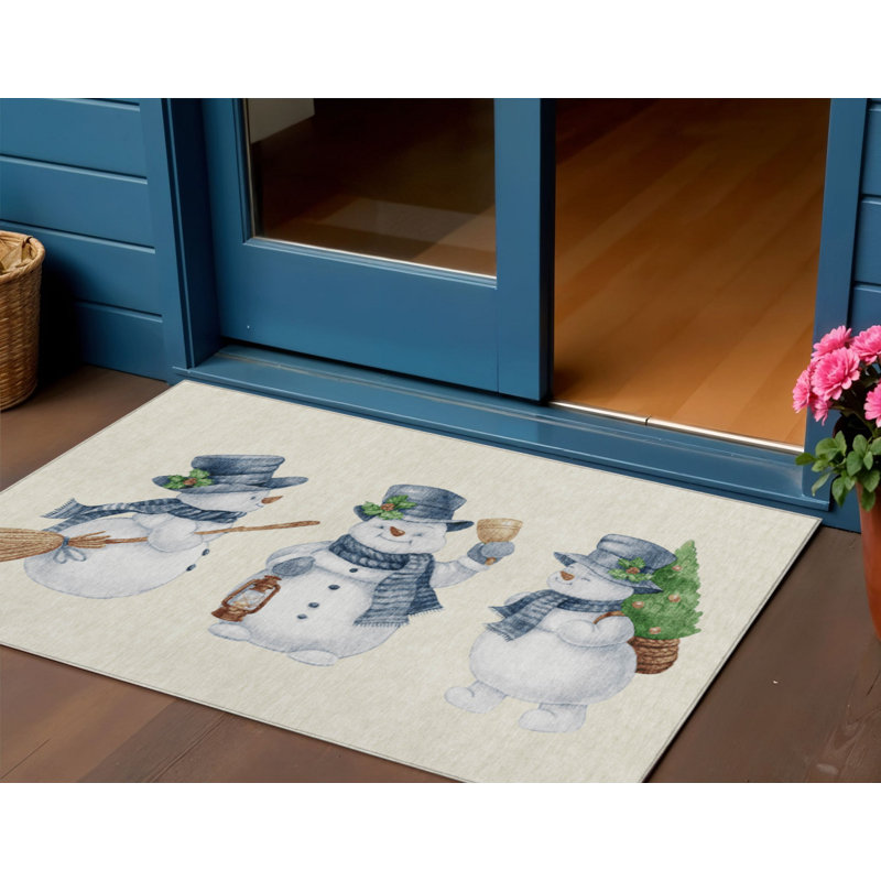 Tapis extérieur lavable enneigé 3 pi x 5 pi ivoire et bleu denim