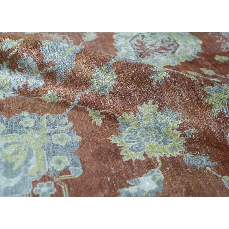 Wool Floral Area Rug in Rust/Blue