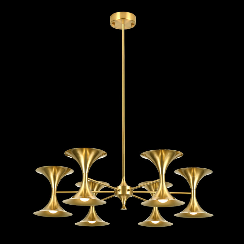 Lustre doré 6 lumières avec abat-jour en forme de trompette