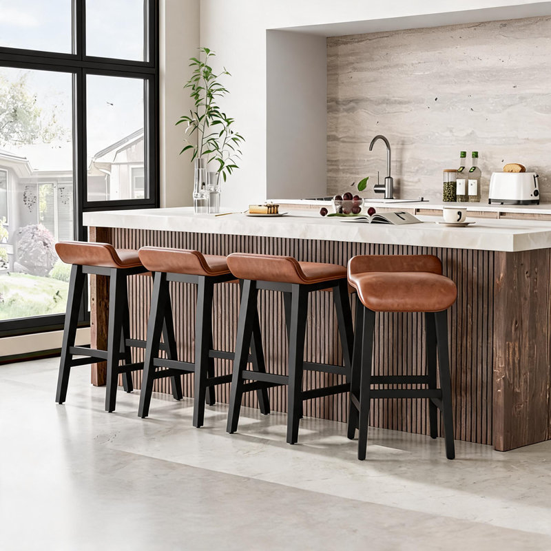 Leather Bar Chairs Set of 2/4, Bar Height Stools Counter Stools with Wood Leg & Non-Slip Feet, Vintage Island Stools for Kitchen Island Dining Room Patio