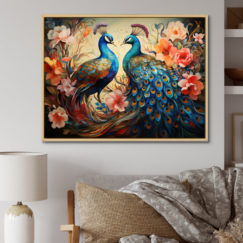 «Blue Coral Indian Art Dancing Peacocks I», art mural indien, H 12 po x l 20 po x P 1 po, Cadre flottant érable