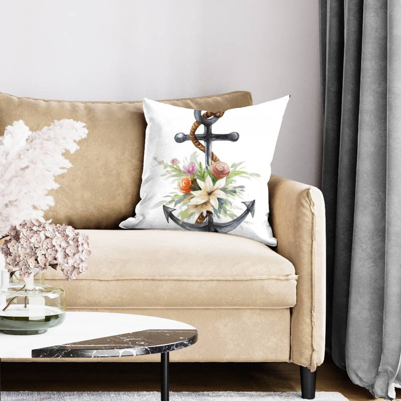 Anchor with flowers - 20"x20" Throw pillow cover - Poly twill - Print on demand
