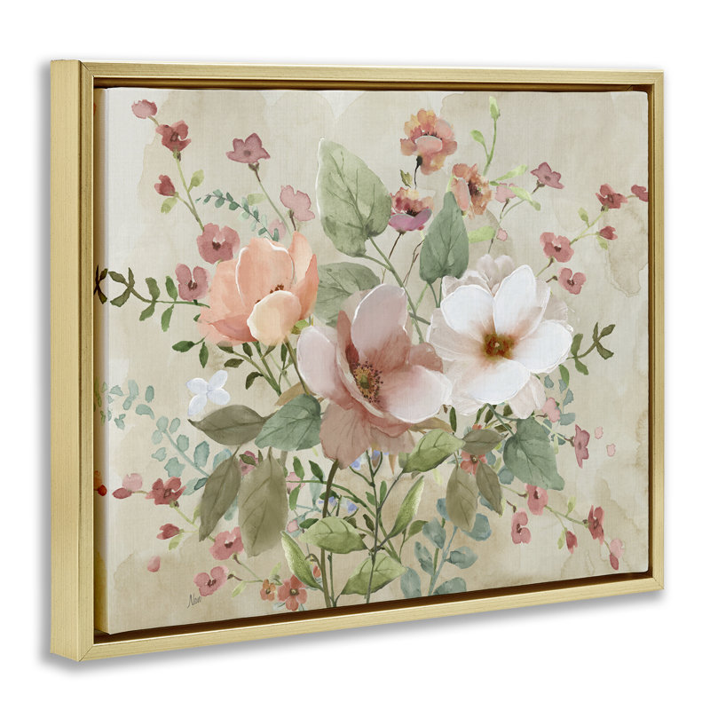 Art mural sur toile flottant Elegant Country Blooms, design par Nan, H 17 po x l 21 po, Cadre flottant métallique doré
