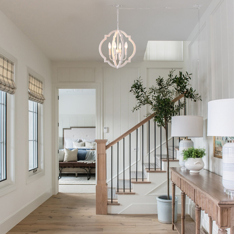 4-Light Distressed White Farmhouse Candelabra Chandelier with Plug-In Cord & Switch, Dimmable, Ideal for Dining, Living & Entryway