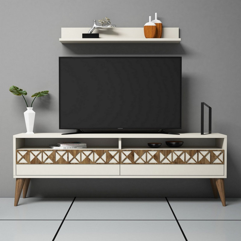 Modern Cream TV Unit with Wall Shelf, 59.1 x 19.7 x 11.8 inches | 100% Melamine Coated Particle Board, Thickness: 0.7 inches | Stylish Geometric Design, Multiple Shelves, Wall-Mountable for Space-Saving Solution