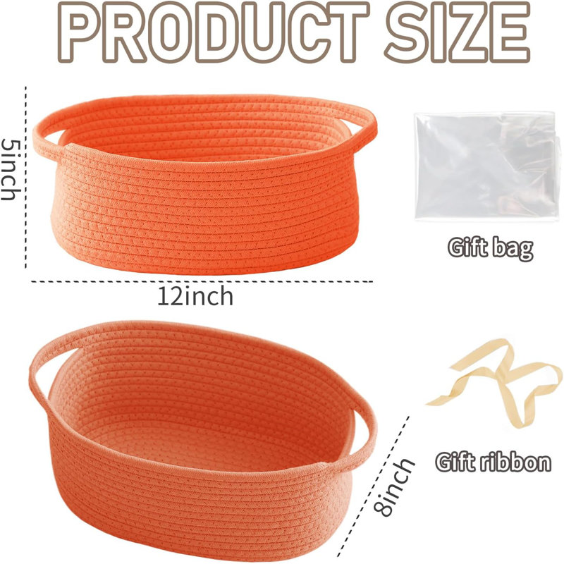 Petit panier de rangement en corde tissée avec poignées et sac à ruban orange
