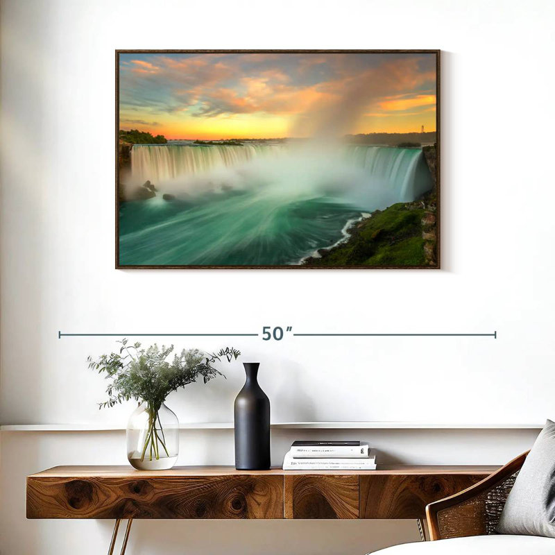 Paysage des chutes du Niagara, 37 po x 25 po, Cadre flottant noyer