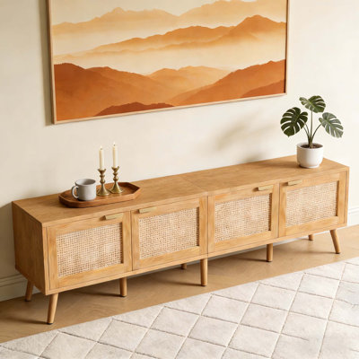 70inch Modern TV Stand with Rattan Doors, Spacious Storage, Cable Holes, and Robust Support for TVs up to 80 Inches