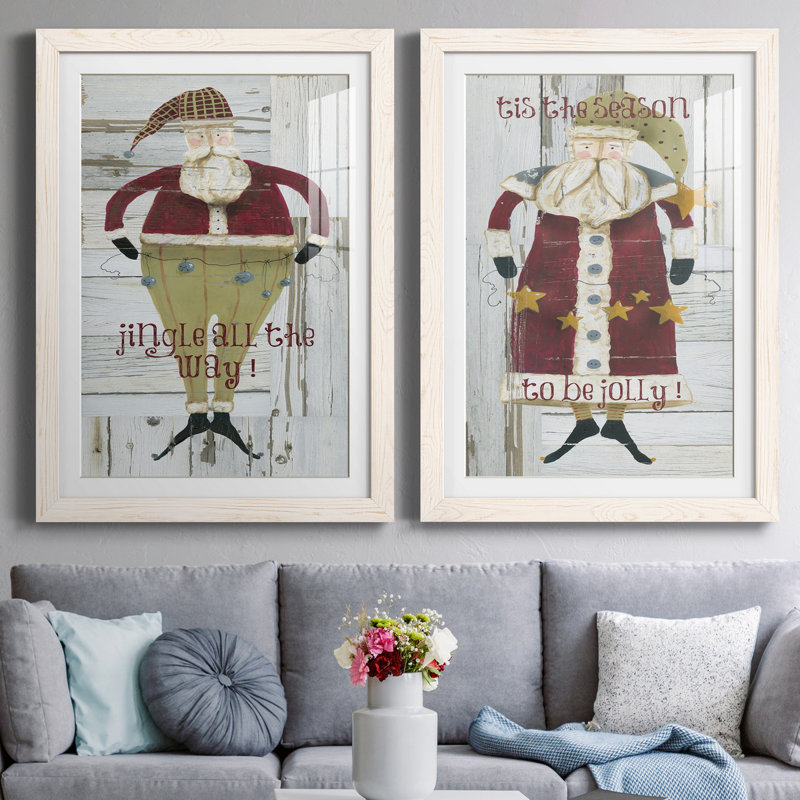 Jingle Santa - ensemble de 2 reproductions, H 31,5 po x l 47 po x P 1,5 po, Papier encadré blanc, Blanc