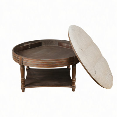 Large Round WaterProof Ottoman Coffee Table 2 Tier Oversized Button Tufted Ottoman with Wooden Shelf Storage Farmhouse Upholstered Coffee Table Living Room Footstool Ottoman Linen