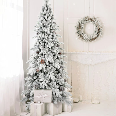 Arbre de Noël enneigé 7,5 pi, 1424 pointes, conception d'espace, branches articulées, arbre esthétique enneigé réaliste avec 40 pins, plein et pour petites entrées