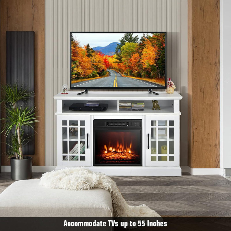 Fireplace TV Stand, White – Freestanding Wood Entertainment Center With 18" Electric Fireplace, TV Console With Storage Compartments And Cabinets For Tvs Up To 55"