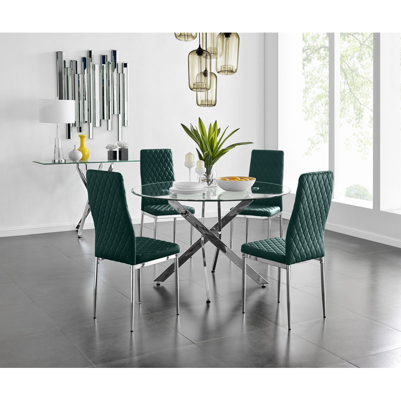 Bernell Modern Chrome Metal & Glass Round Dining Table Set with 4 Quilted Velvet Chairs, 75 x 120 x 120cm, Navy/Silver