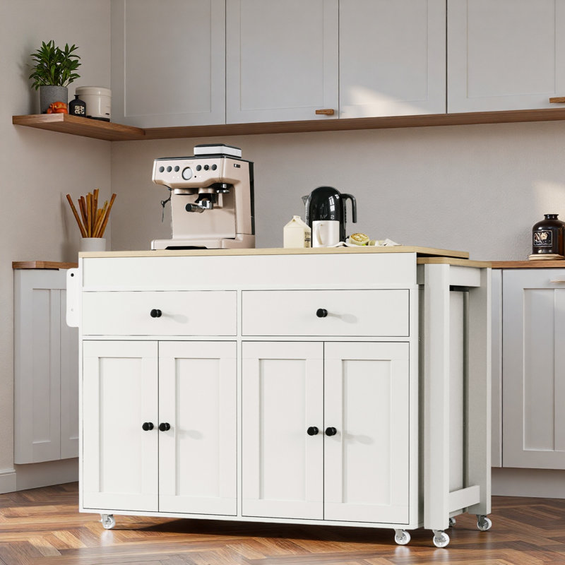 Îlot de cuisine roulant avec table de salle à manger extensible, étagère à épices, 2 tiroirs, armoire à 4 portes et roulettes