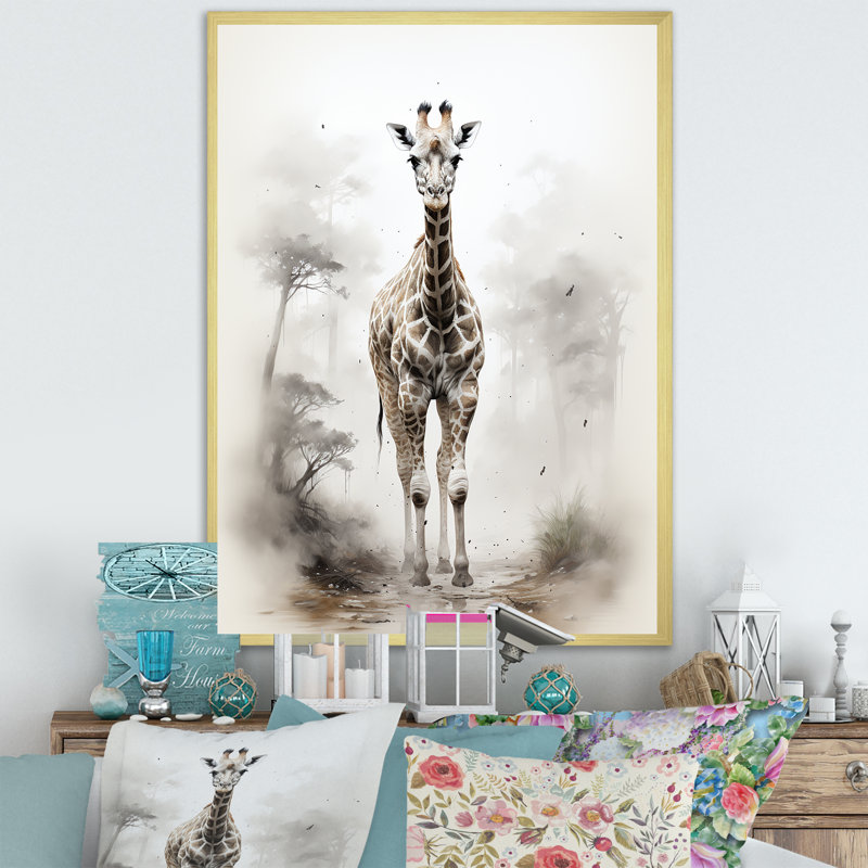 Impression sur toile minimaliste de girafes noires et blanches Minimalist, Cadre doré simple, H 44 po x l 34 po x P 1,5 po