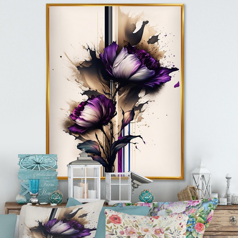Fleur de pivoine Puple sur peinture abstraite I - Peinture sur toile, H 44 po x l 34 po x P 1,5 po