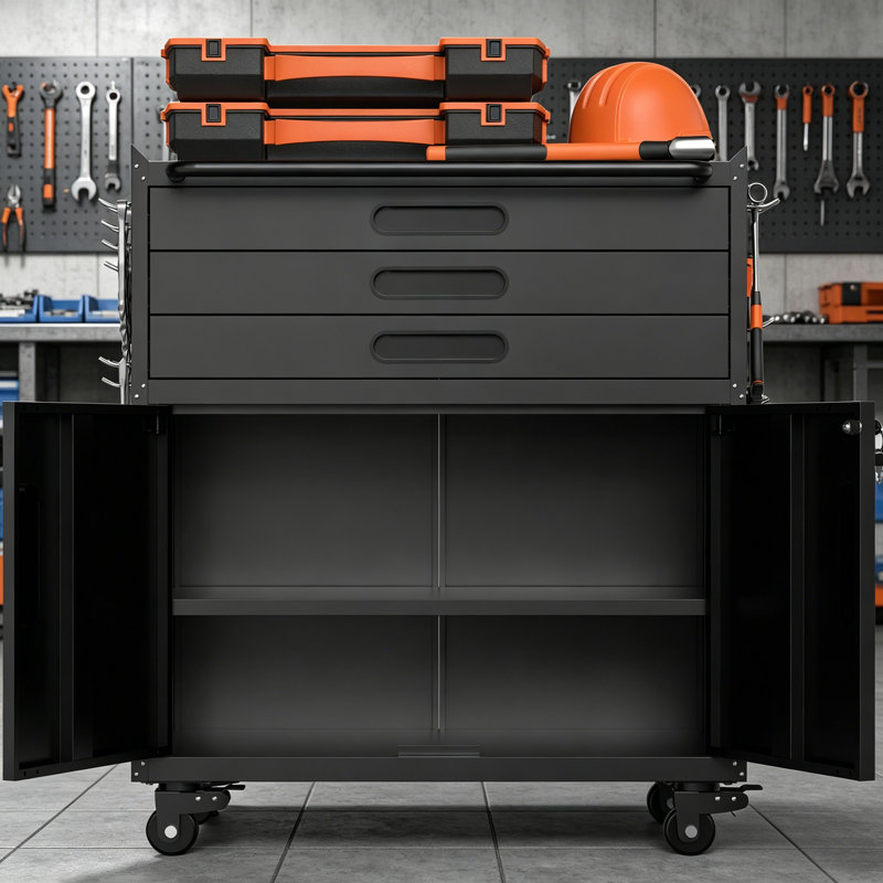 34.3 Inch Heavy Duty Rolling Metal Tool Chest Cabinet With 3 Drawers, Lockable Storage Doors & Mobile Workbench, Durable Garage Workshop Storage Organizer