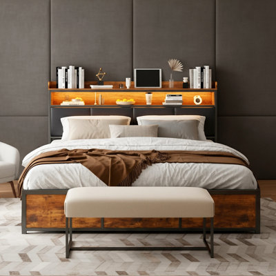 Industrial Upholstered Storage Bed With 4 Drawers, European Double & King Size Bed Frame With LED Headboard & USB Ports, Rustic Oak & Black