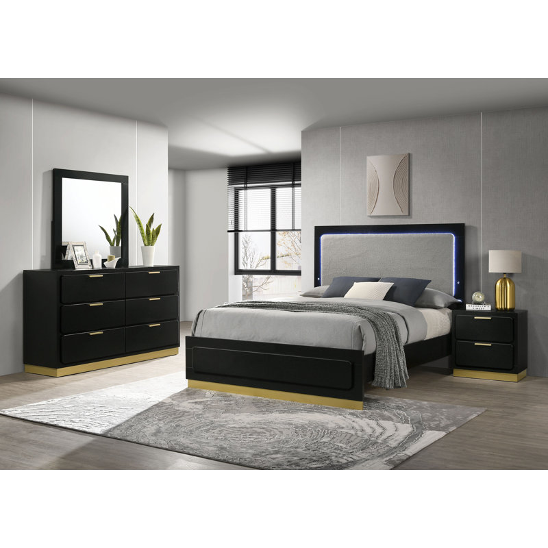 Freret 4-piece Eastern King Bedroom Set Black, Black, King, 4 Pcs: Bed, Nightstand, Dresser, Mirror
