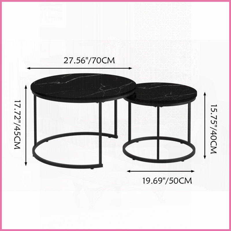 Ensemble de 2 tables basses rondes peu encombrantes avec plateau en marbre et amp; Structure en métal robuste, assemblage facile en 10 minutes pour le salon