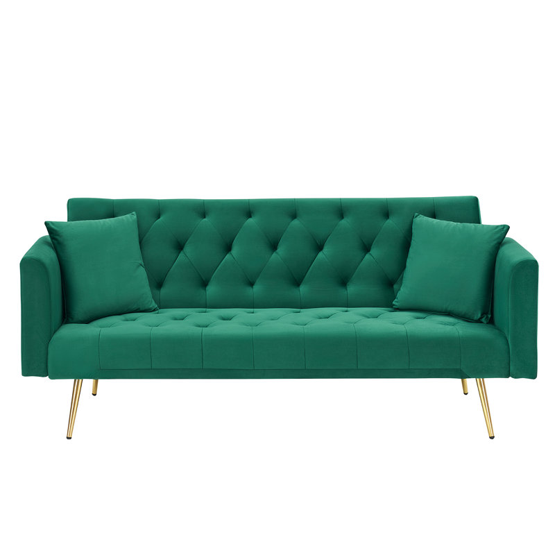 71" Velvet Convertible Loveseat Sofa with Adjustable Backrest & 2 Pillows, Green