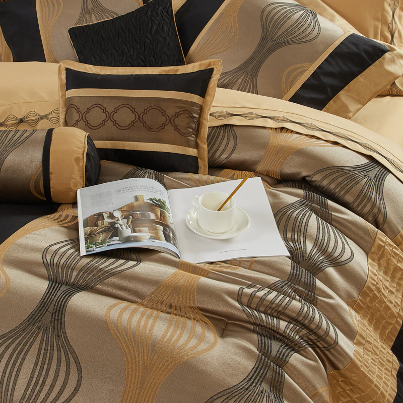 Kath Microfiber Jacquard 15 Piece Comforter Set, Black Gold, King Comforter + 14 Additional Pieces