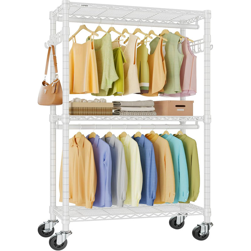 VIPEK R2 Heavy Duty Rolling Garment Rack, 3-Tier Adjustable Freestanding Closet with Double Rods & Hooks, Metal Clothing Storage Rack,White