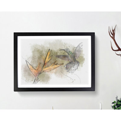 Hummingbird by a Flower in Abstract - Framed Print