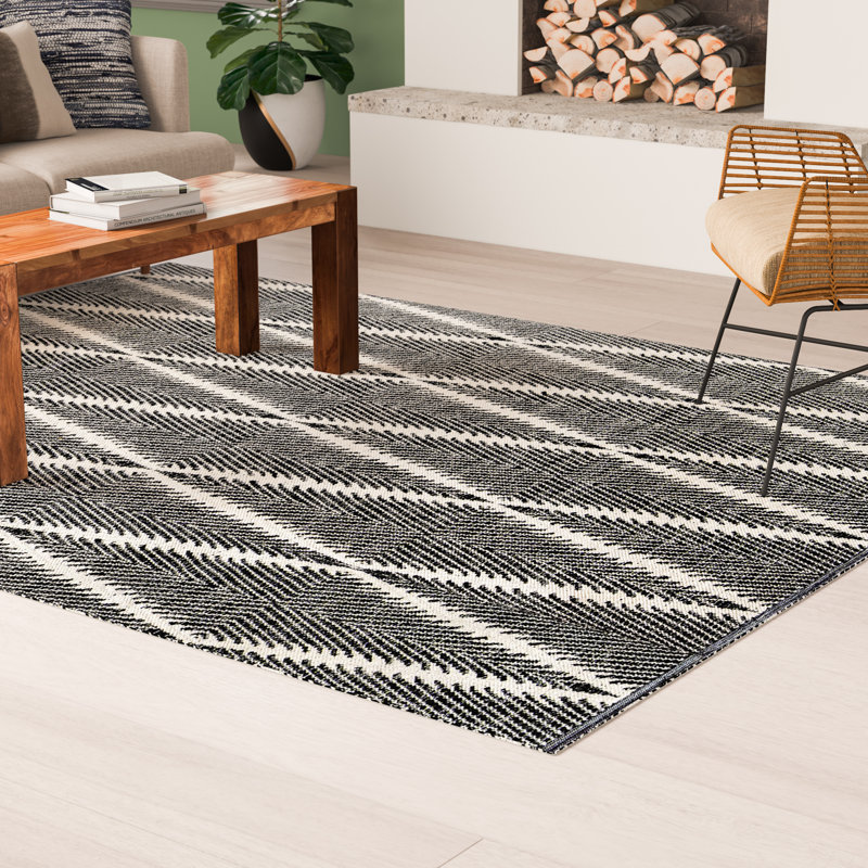 Tapis géométrique à tissage plat fabriqué à la main River, Ivory/Black, Rectangle 3'6" x 5'6"