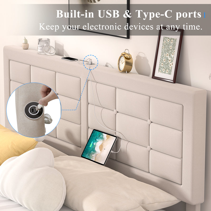 Kempst Full Size Storage Bed Frame with 4 Storage Drawers and Button Tufted Adjustable Headboard, Upholstered Platform Bed with USB & Type C Charge Station, Wooden Slats Support, No Box Spring Needed