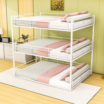 Metal Triple Bunk Bed with Guardrails, Noise-Reduced Slat System