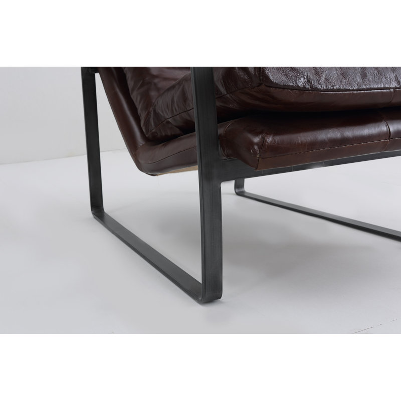 Méridienne et repose-pieds Salinas, Fer patiné, Cuir véritable brun châtaignier