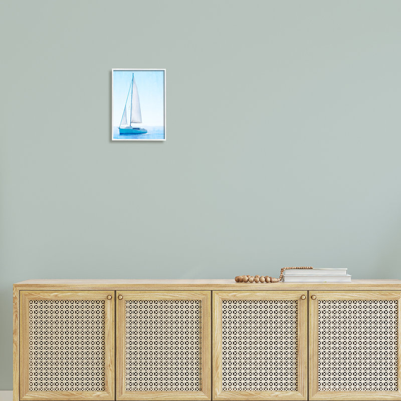 Voilier à la dérive, océan bleu ciel, estampe numérique texturée encadrée par Kim Allen_aq-594, H 14 po x l 11 po x P 1,5 po