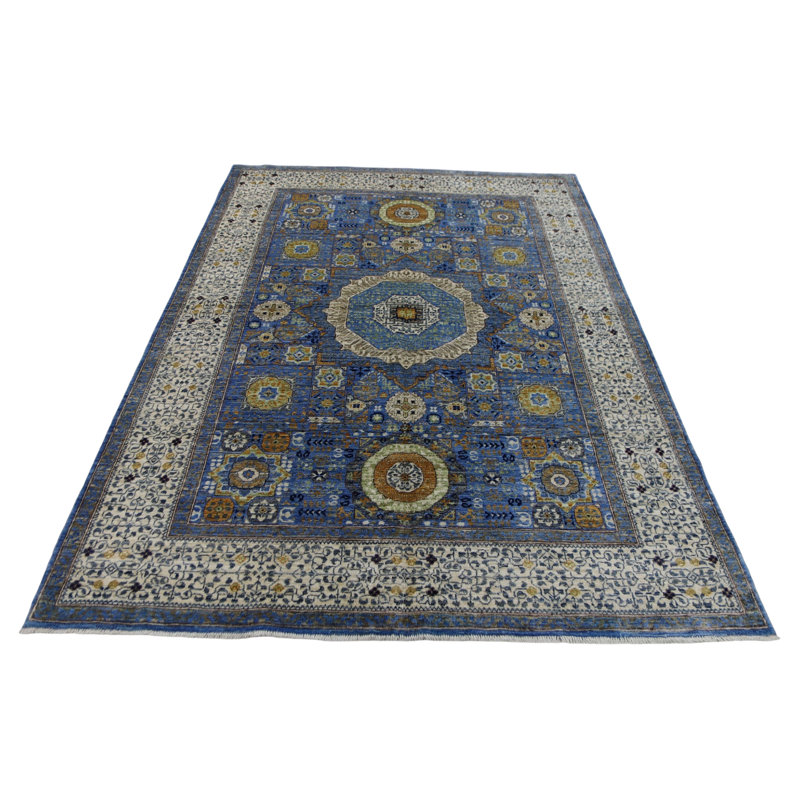 Hand Knotted Wool Area Rug in Blue And White