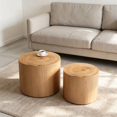 Ensemble de 2 tables basses gigognes, tables basses rondes modernes, tables d'appoint circulaires en bois pour petits espaces, salon, balcon, table d'appoint, tambour, bois naturel et véritable arbre