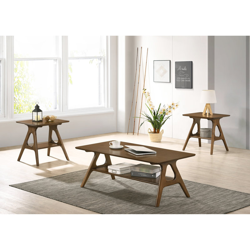 Mid-Century Modern Table Collection - Walnut Finish, Rectangular Storage Units 3 Piece Coffee Group ,