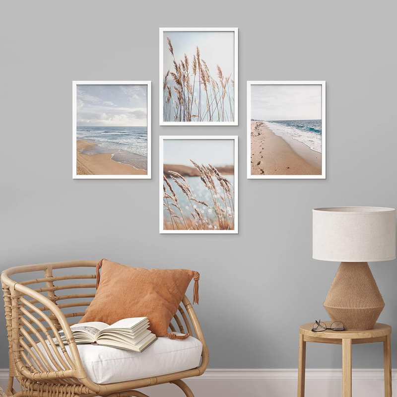 " Beach Grass Cloudy Ocean Sea Wave Horizon " 4 - Pieces, 14" H x 11" W x 1" D, White Framed