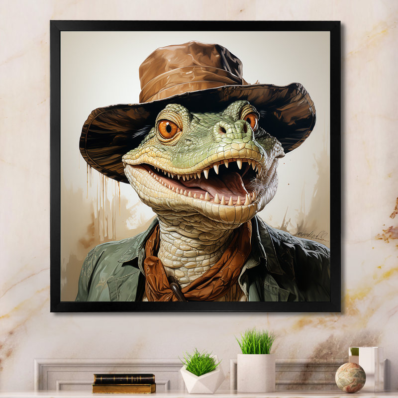«Alligatorin suit campagne III», art mural crocodile, H 16 po x l 16 po x P 1 po, Cadre flottant noir