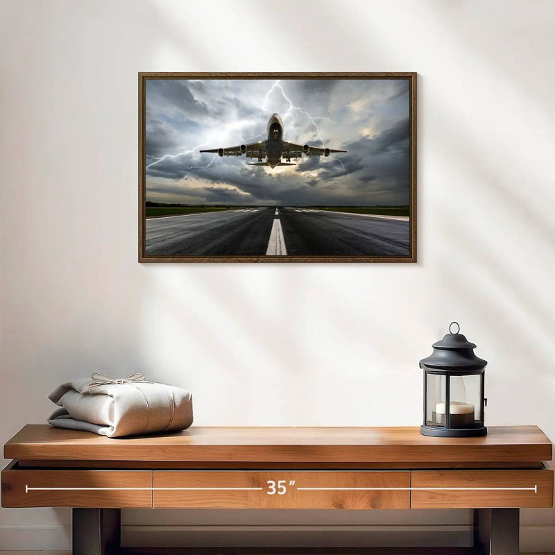 Tempête de piste d’avion, 19 po x 13 po, Cadre flottant noyer