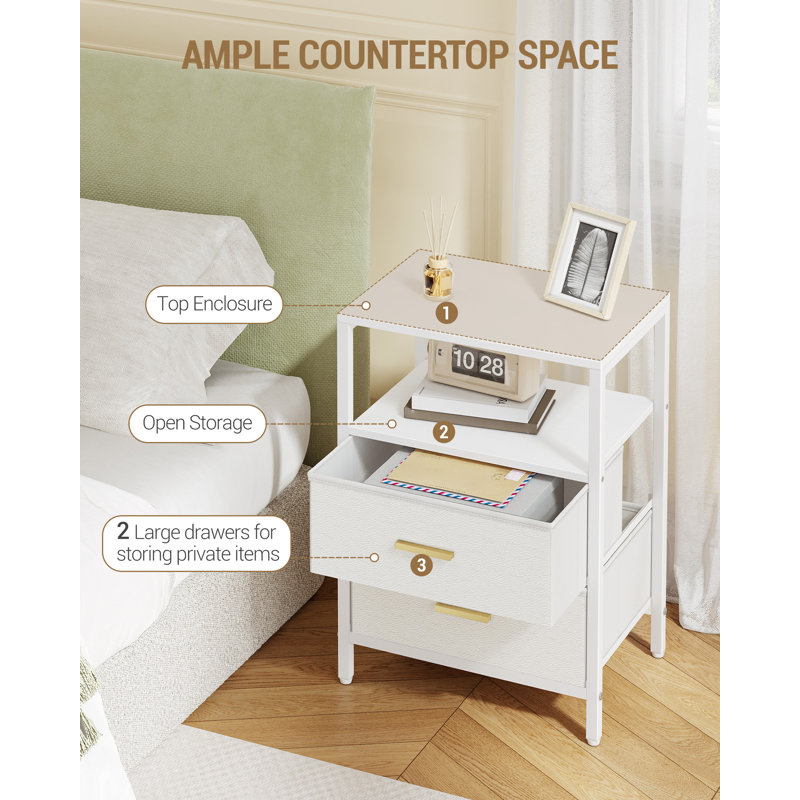 Bedside Table, Side End Table with 2 Fabric Storage Drawers, Bedside Cabinet with Open Storage Shelf, Nightstand for Bedroom, Livingroom, Office 