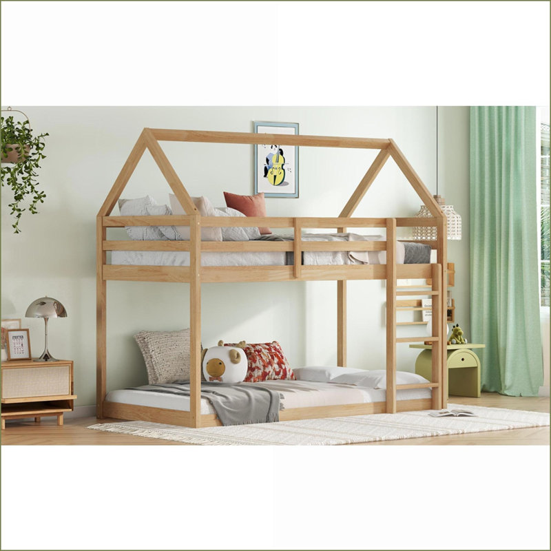 Lit superposé simple en bois d'hévéa en forme de maison - chêne blanc, sans sommier, garde-corps et amp; Échelle incluse