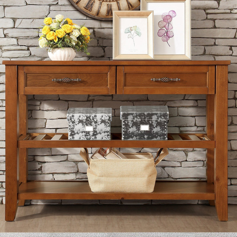 Buffet Mid-Century en bois massif brun avec 2 tiroirs et tablettes de rangement, idéal pour le salon, le hall d'entrée, la console de 42 po et le bureau de la chambre à coucher