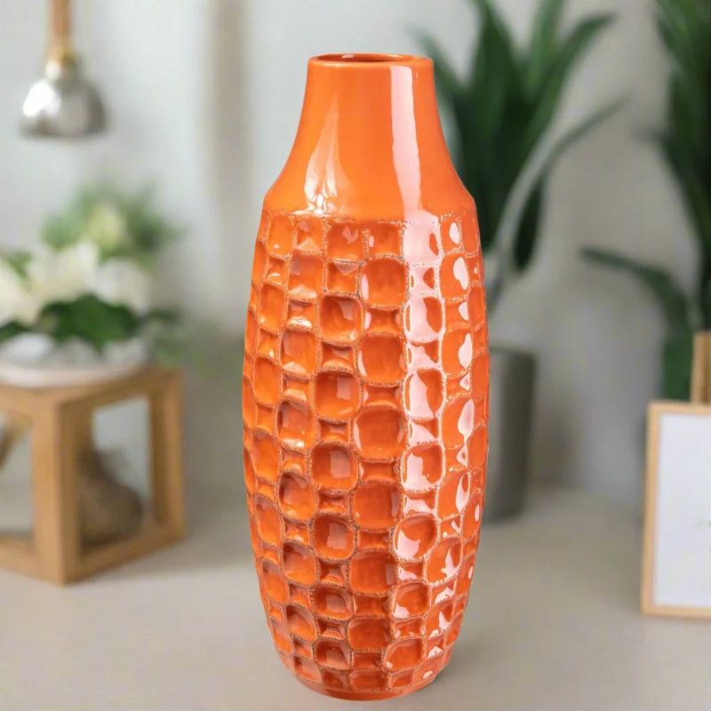 Vase de table en céramique Fallah, Orange, H 12 po x l 4,75 po x P 4,75 po