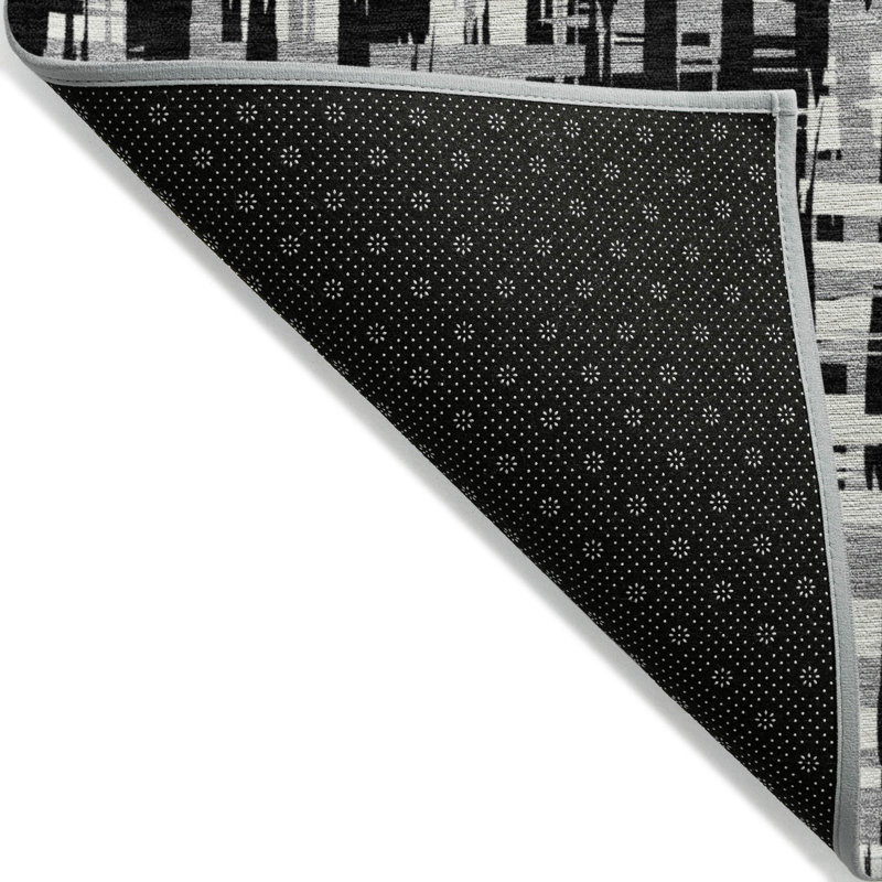 Black and Gray Synthetic Washable Rectangular Area Rug