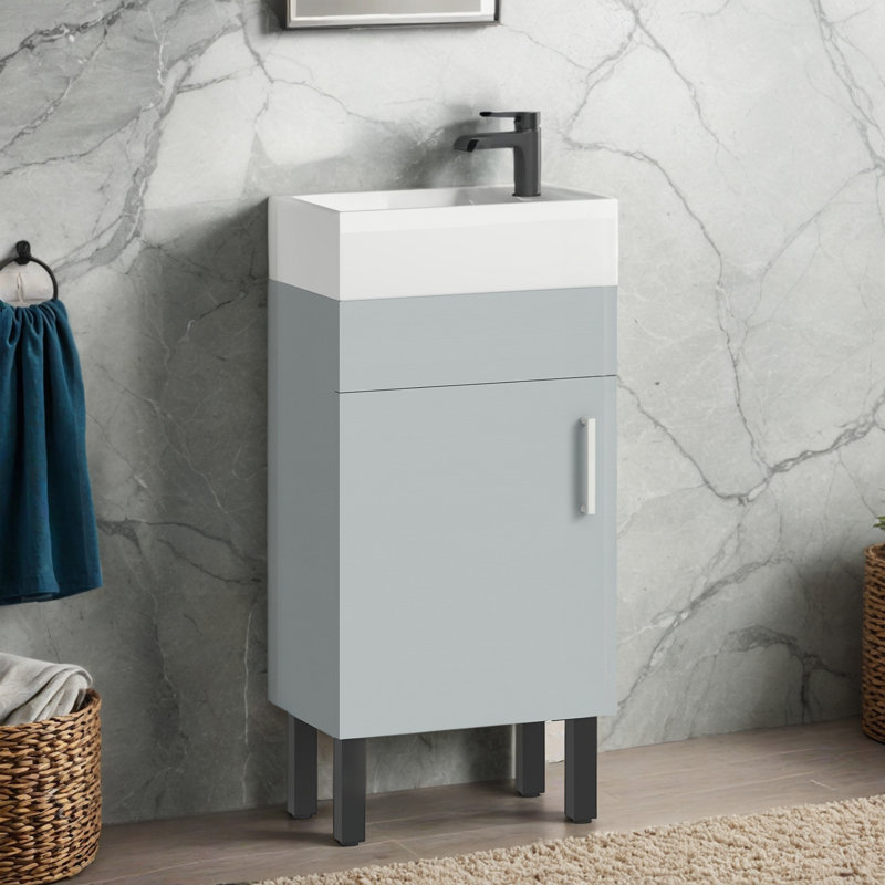 16 Inch Bathroom Vanity With Ceramic Sink For Small Space, Gray