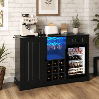 Armoire de bar Mid-Century moderne avec réfrigérateur, porte-bouteilles et lumières DEL